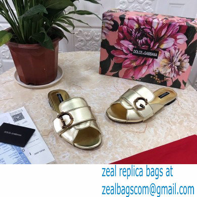 Dolce  &  Gabbana Leather Flat Sliders Gold With Baroque D & G Logo 2021